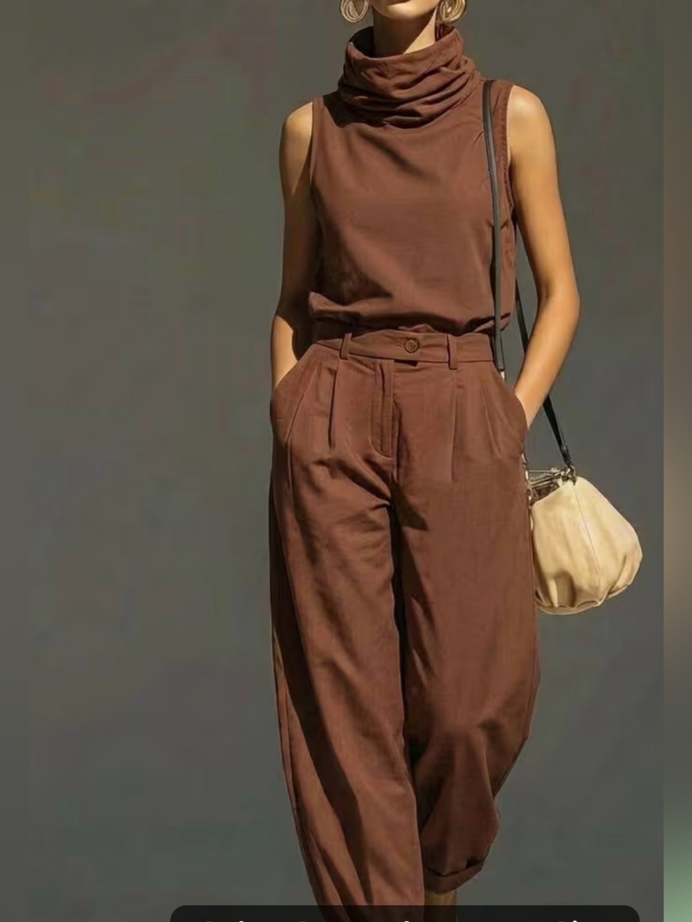 Women’s Brown High-Waist Wide-Leg Pants & Sleeveless Top Set